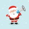 Santa Claus with megaphone. Santa shouts into megaphone. Christmas sale.