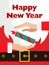 Santa Claus message banner. Red Santa Claus suit, leather belt with gold buckle, white beard, offering gift or present