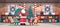 santa claus with mix race elves preparing for new year and christmas holidays celebration modern workshop interior