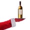 Santa Claus outstretched arm holding a Wine Bottle on a silver serving tray