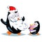 Santa Claus Penguin gives gift. Vector cartoon character