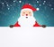 Santa Claus pointing in white blank cloth on snowy background.