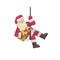 Santa Claus rappelling with a present. Santa climbing into the chimney
