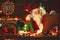 santa claus reads list of good children to little elf by Christmas tree