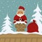 Santa Claus with a red bag in the chimney on a blue background