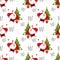 Santa Claus with red bags, Christmas tree, star, gift box and Ho text seamless pattern.