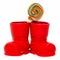 Santa Claus red boot, shoe with colored sweet lollipops, candys. Saint Nicholas boot with presents gifts.