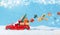 Santa Claus in Red car delivering christmas or New Year gifts at snowy background