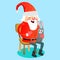 Santa claus in red hat with beard sits on chair with hare in hand which makes wish, magic fairy with golden wings helps