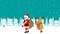Santa claus and reindeer carrying present, side view - Christmas design template, snowing town