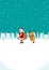 Santa claus and reindeer carrying present side view, vertical - Christmas design template, snowing town