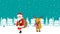 Santa claus and reindeer carrying present in the snowing town- Christmas design template