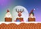 Santa Claus, reindeer and elf in the chimney