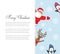 Santa Claus with Reindeer and Penguins. Cartoon character. Christmas card. Merry Christmas title written in blank space