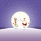 Santa Claus and Reindeer on purple night moonlight winter landscape - greeting card