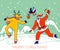 Santa Claus and Reindeer Skating on Frozen Pond in Forest. Character in Red Costume Ringing Bell and Perform Skate Dance