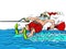 Santa Claus relaxing at a seaside resort. Man water skiing. New Year and Christmas