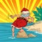 Santa Claus is resting at the resort on the beach by the sea. Christmas and New Year winter holidays