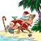 Santa Claus is resting at a resort by the sea on the beach. Christmas and New Year. Winter seasonal holiday