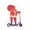 Santa Claus Riding Electric Scooter with Presents in Red Sack on Shoulder. Christmas Gifts Delivery Concept, Father Noel