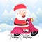 Santa Claus riding a motor scooter with scene winter landscape.Cute Christmas Character