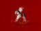 Santa Claus riding rocking horse on red background