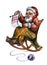 Santa Claus in rocking chair hand drawn watercolor illustration