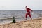 Santa claus is running with gifts  delivery   vacation christmas new year