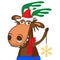 Santa Claus`s Reindeer. Moose Portrait In A Santa Cap. Funny Cartoon Smile Deer.