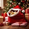 Santa claus sack of gifts nexts to Christmas Tree, cultural tradition of giving and sharing