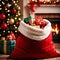Santa claus sack of gifts nexts to Christmas Tree, cultural tradition of giving and sharing