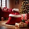 Santa claus sack of gifts nexts to Christmas Tree, cultural tradition of giving and sharing