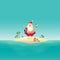 Santa Claus on sandy island at ocean with inflatable flamingo float
