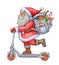 Santa Claus with scooter and gifts, isolated on white.  Watercolor illustration