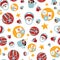 Santa Claus seamless pattern with cookies and milk, ornaments and stars. Vector