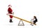 Santa Claus on a seesaw with a schoolgirl with a backpack