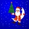 Santa claus sits on a moon with a fir-tree in hand