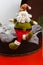 Santa Claus sits on vintage brouwn coffer with white christmas t