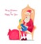 Santa Claus sitting on armchair flat illustration. Girl telling verse, Santa cartoon characters