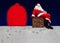 Santa Claus sitting on the chimney at a snowy roof with large bag