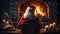 Santa Claus sitting in a cozy chair beside a crackling fireplace