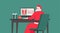 Santa Claus sitting at the desk and making the order on a computer screen