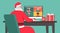 Santa Claus sitting at the desk and using a laptop video calling to people