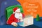 Santa claus is sitting at a laptop at home and choosing a gift for you. Christmas is coming concept. Vector illustration