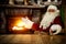 Santa Claus sitting in a throne chair by the fireplace. Comfortable and cozy place in home interior.