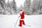 Santa Claus skier with skis in the woods in winter at Christmas.