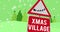 Santa claus in sleigh being pulled by reindeers and xmas village text on signboard against snow fall