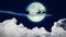 Santa Claus in a sleigh flying over the moon at night. Santa flies to deliver gifts. On night sky background tale of myth and