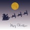 Santa Claus in sleigh with reindeers flying on the background of the night sky with the shining  full moon