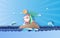 Santa Claus smile wearing beach suit travel swimming decoration of island seascape view. Dolphin jumping wildlife on sea sky